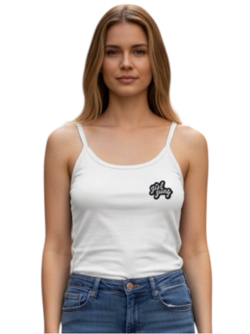 Forever 21 White Spaghetti Strap Baby Tee Tank with Navy 'girl gang' Patch S